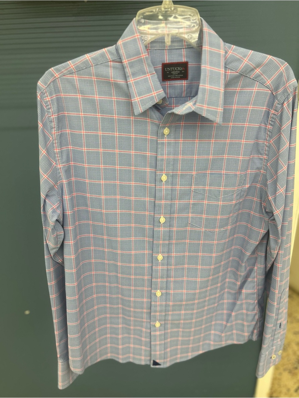 UNTUCKit Light Blue Plaid Long-Sleeve Dress Shirt with Pink Windowpane